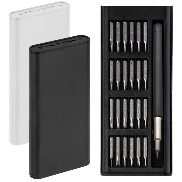 סט מברגים קומפקטי עם 42 ביטים ומברג מגנטי, מוצג פתוח וסגור במארז קפיצי חכם בצבע שחור ולבן, מתאים למיתוג עסקי ולשימוש משרדי או טכני.